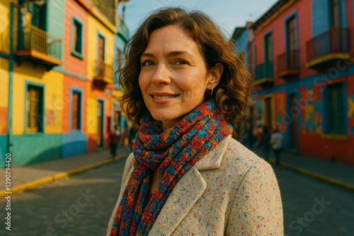 Captivating Woman in Her 40s in Vibrant Urban Street, Cultural Essence, Tourism