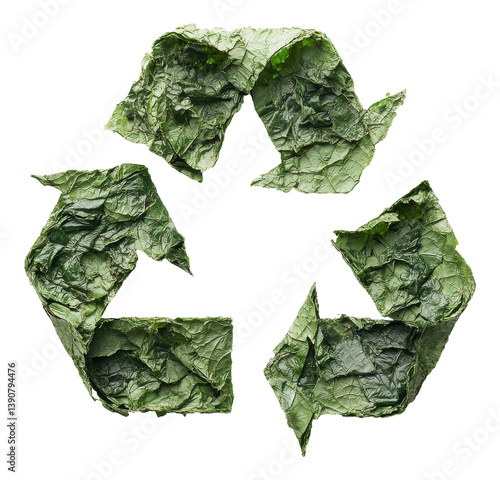 Symbol of chaos represented with crumpled green leaves on a white background Generative AI