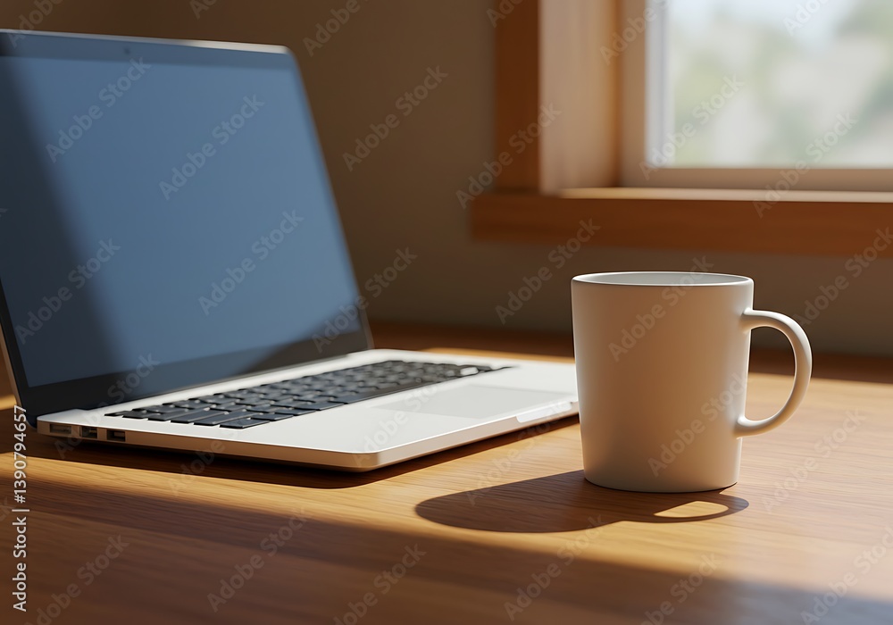 Laptop and Coffee Mug on Wooden Desk in Sunlight Laptop and Coffee Mug on Wooden Desk in Sunlight