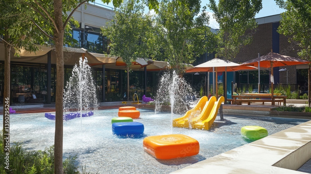 Colorful Splash Pad with Water Features and Playful Slides Surrounded by Green Trees and Relaxing Sunshade Umbrellas Colorful Splash Pad with Water Features and Playful Slides Surrounded by Green Trees and Relaxing Sunshade Umbrellas