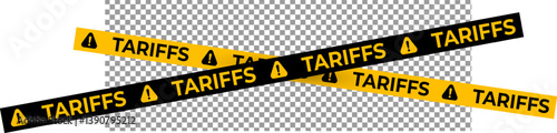 Tariff Warning Tape Set in Yellow and Black with Exclamation Icons. Transparent Background for Economic Crisis, Import Tax, and Trade Restriction Themes. Vector Illustration