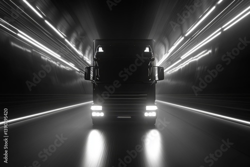 A truck with blue neon lights drives at high speed through a minimalist futuristic tunnel