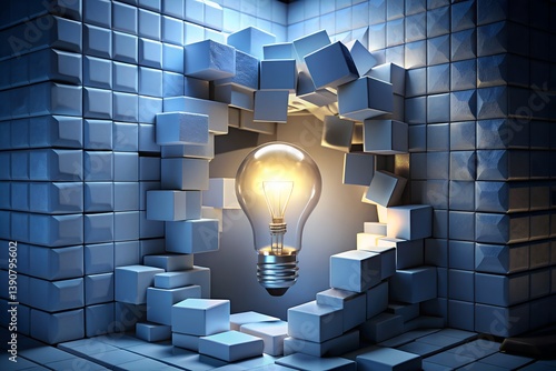 Light bulb Breaking Out of Cube Walls – Thinking Outside the Box Concept