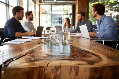 Business professionals are discussing ideas in a modern office setting