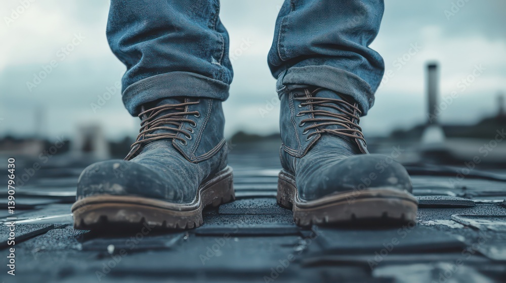 A close-up shot of boots and legs standing on a rooftop, showcasing a work-ready appearance. The boots appear worn, with a rugged texture, and the denim pants add to the utilitarian aesthetic A close-up shot of boots and legs standing on a rooftop, showcasing a work-ready appearance. The boots appear worn, with a rugged texture, and the denim pants add to the utilitarian aesthetic