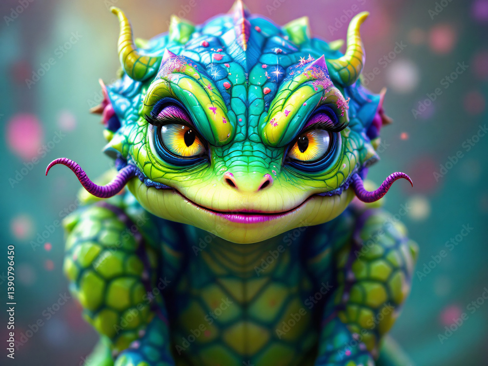 A vibrant, playful dragon with a cheerful smile, showcasing intricate textures and whimsical details. A vibrant, playful dragon with a cheerful smile, showcasing intricate textures and whimsical details.
