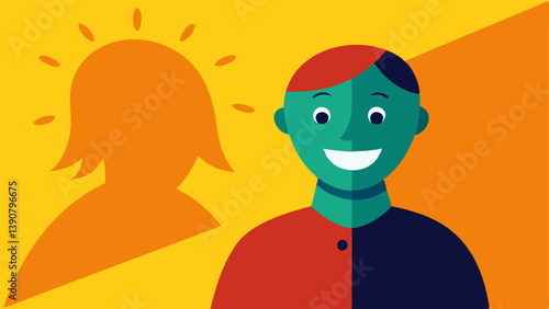Friendly Shadow An outgoing person appears cheerful with a sunny backdrop while a shadowy figure in the corner expresses concern and selfdoubt that is overlooked due to the