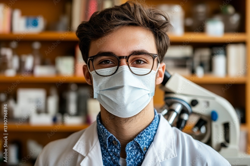 Closep-up image of a researcher in a protective mask working in a laboratory of a research institute
