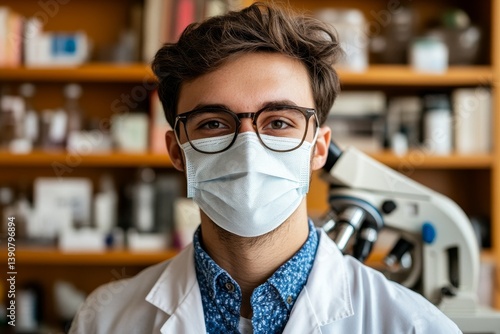 Obraz na płótnie Closep-up image of a researcher in a protective mask working in a laboratory of a research institute w salonie