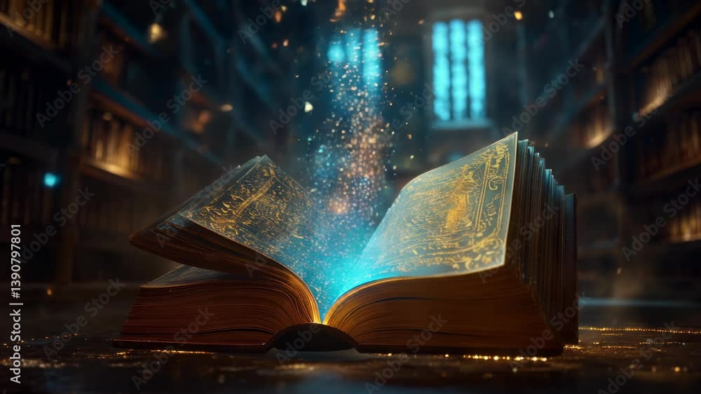 Glowing magic book opening in mystical library with floating particles ...