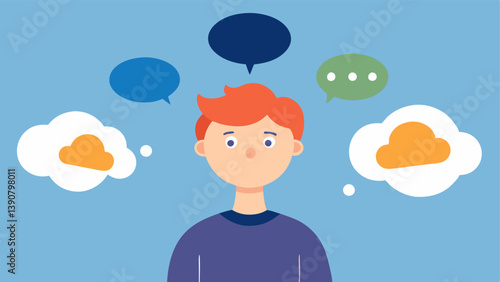 Floating Thoughts Cartoonstyle thought bubbles above a persons head containing vague yet compelling phrases and images suggesting that these ideas are embedding into their mind.