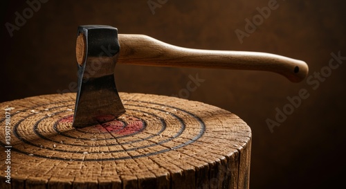 close-up of a wooden-handled axe resting on a rustic wooden target, evoking a sense of focus and precision, representing the sport of axe throwing in a dimly lit background