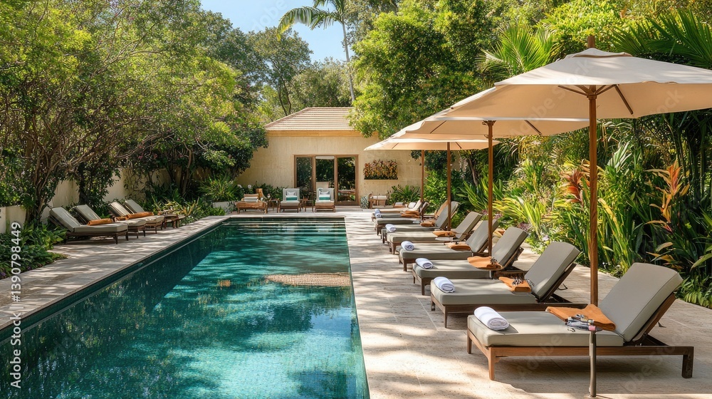 Fototapeta premium Serene Tropical Oasis with Poolside Loungers Surrounded by Lush Greenery and Sun Umbrellas in a Relaxing Retreat