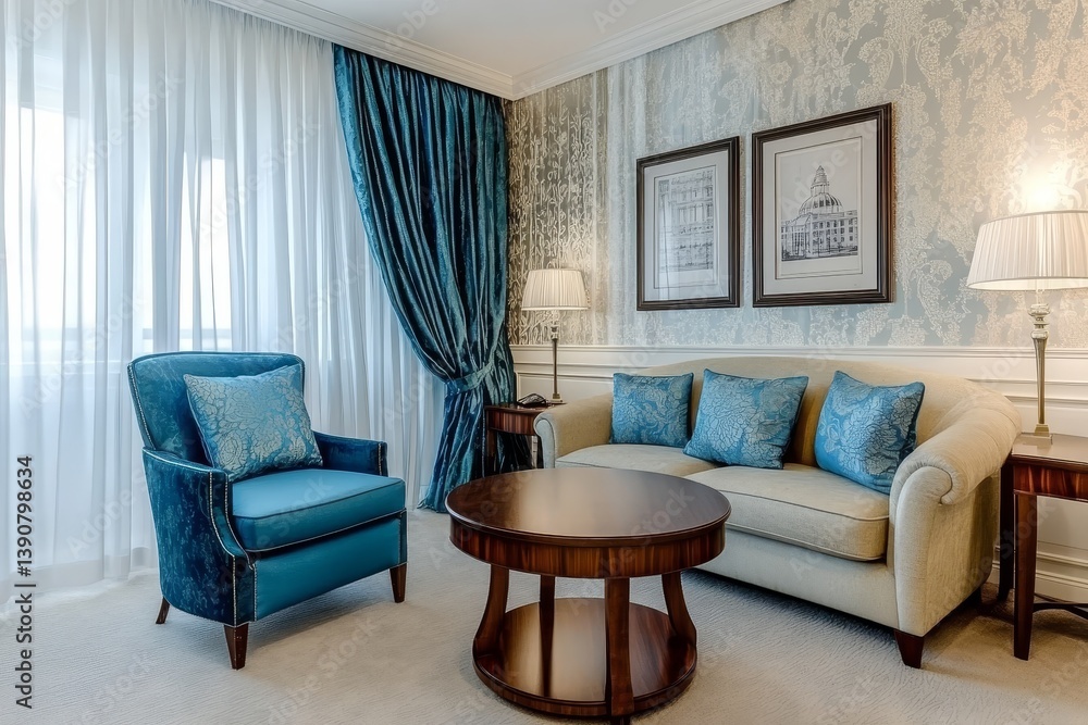 Modern interior in blue and white tones with a sofa, curtains. Armchair and table.