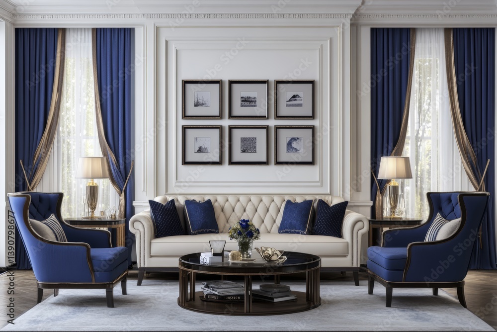 Modern interior in blue and white tones with a sofa, curtains. Armchair and table.