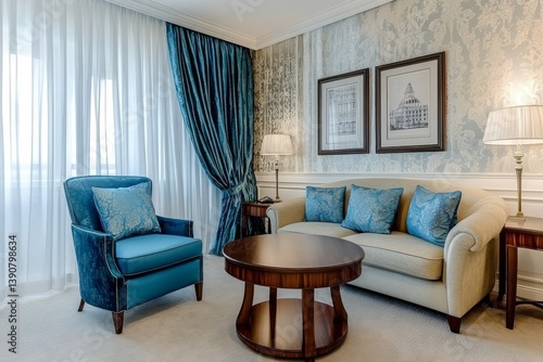 Modern interior in blue and white tones with a sofa, curtains. Armchair and table.