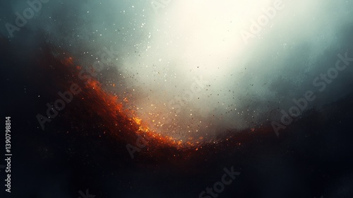 Fiery explosion, dark landscape, bright light, smoke, cinematic background, video game