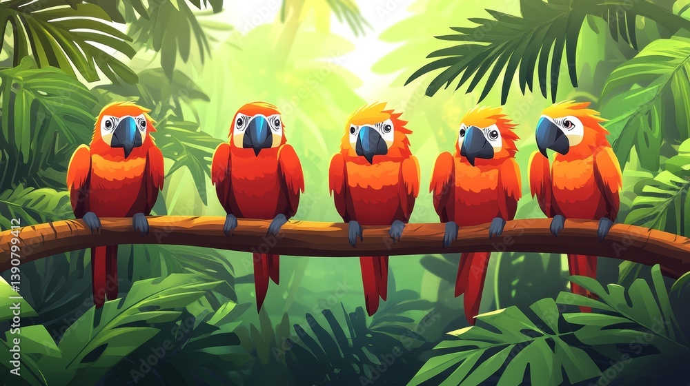 Tropical birds sitting on a tree branch in the rainforest