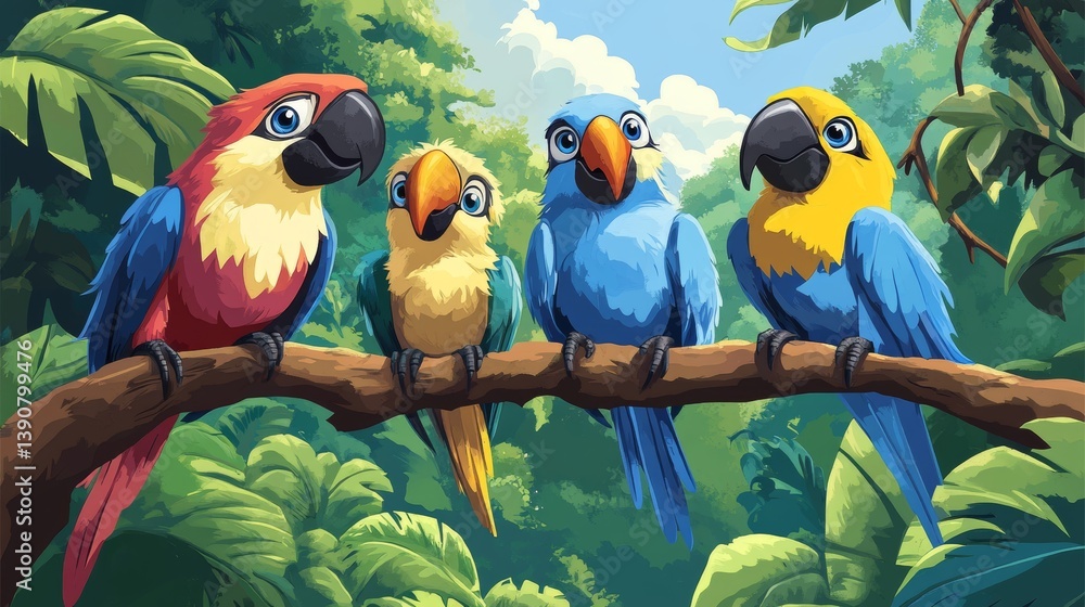 Tropical birds sitting on a tree branch in the rainforest