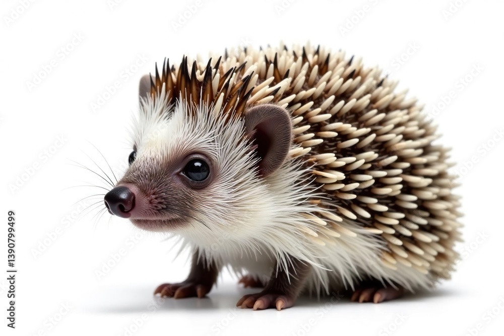 Fototapeta premium Close-up of a hedgehog, isolated, against pure white backdrop, closeup, thorn, quill