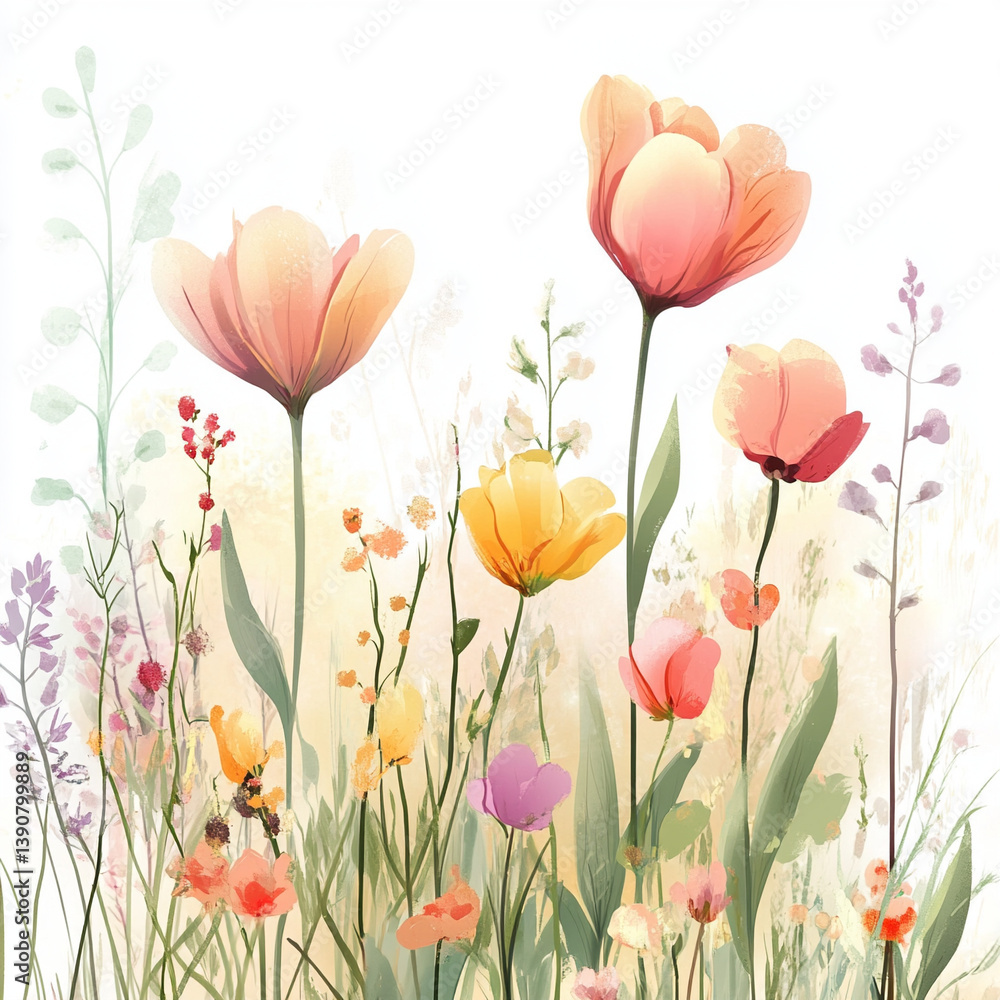 Colorful flowers in bloom against a soft pastel background  