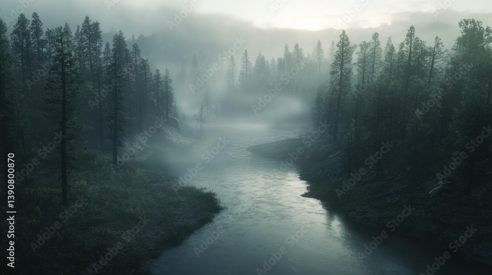 Misty river flows through foggy forest at dawn; serene landscape for game background Misty river flows through foggy forest at dawn; serene landscape for game background