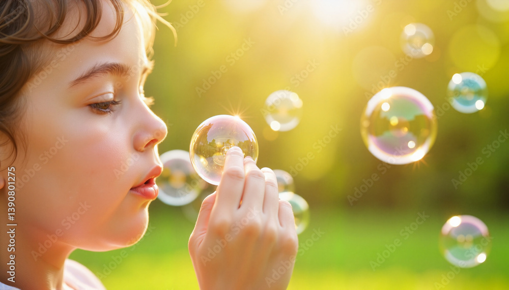 Child blowing bubbles in sunlit backyard, playful joy of childhood Child blowing bubbles in sunlit backyard, playful joy of childhood
