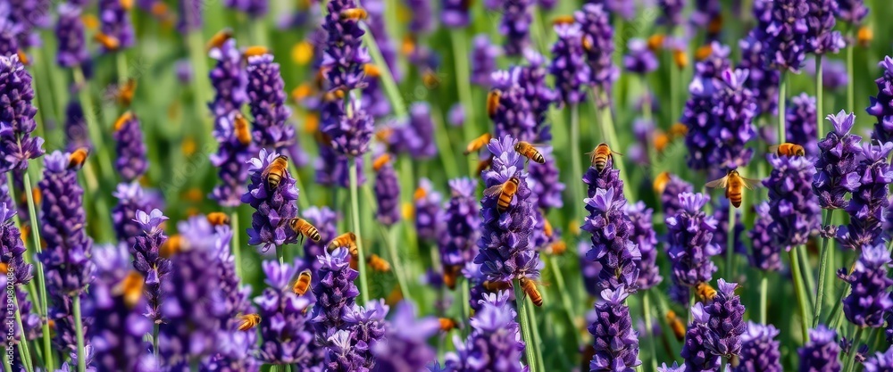 Naklejka premium A vibrant purple lavender patch alive with busy honeybees, some carrying pollen, others working beeswax, spring, insect, macro