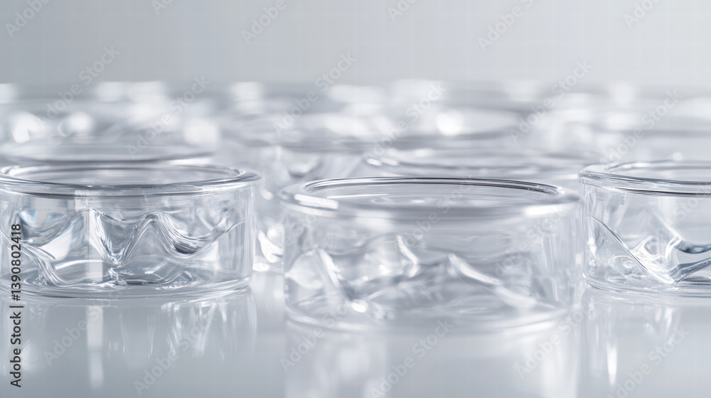 Clean Glass Jars: A close-up shot reveals rows of pristine glass jars, their transparent forms reflecting soft light, hinting at the possibility of fresh preserves or creative projects. Clean Glass Jars: A close-up shot reveals rows of pristine glass jars, their transparent forms reflecting soft light, hinting at the possibility of fresh preserves or creative projects.