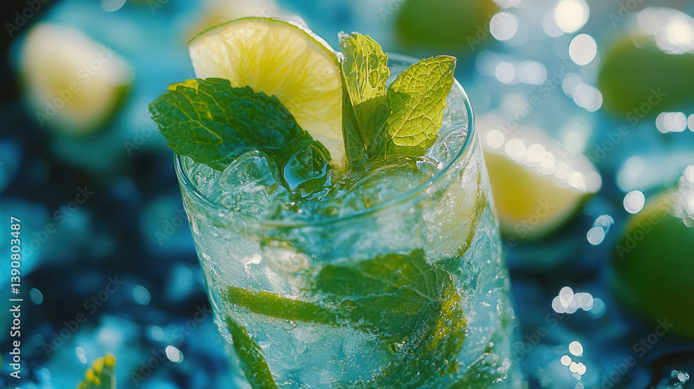 Refreshing mojito with mint and lime against a backdrop of bright turquoise water in a tropical paradise