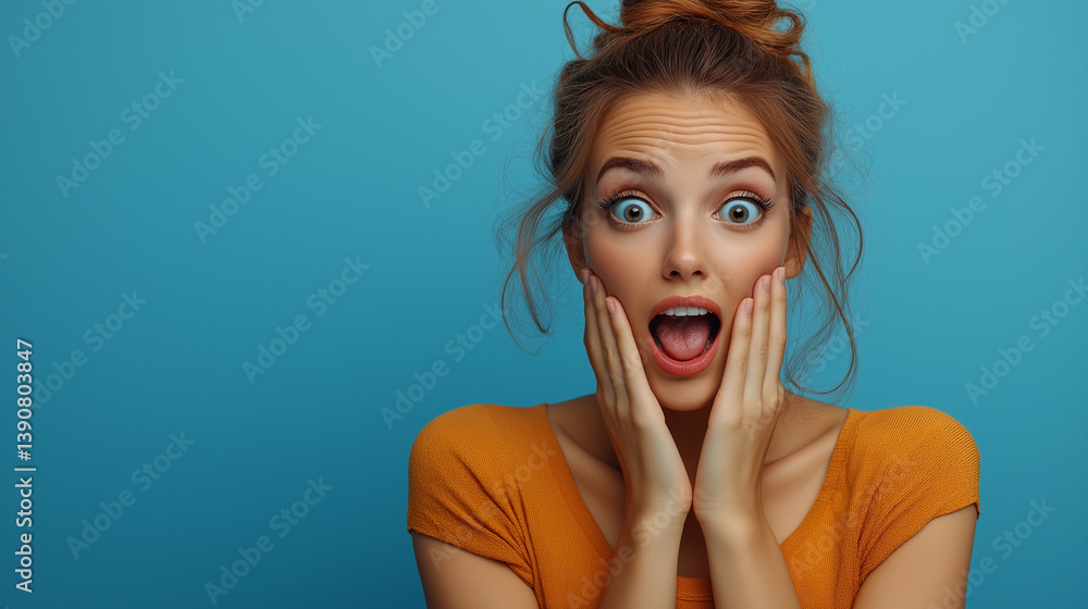 Joyful expression captured in front of a vibrant blue background during a spontaneous moment of surprise and delight. Joyful expression captured in front of a vibrant blue background during a spontaneous moment of surprise and delight.