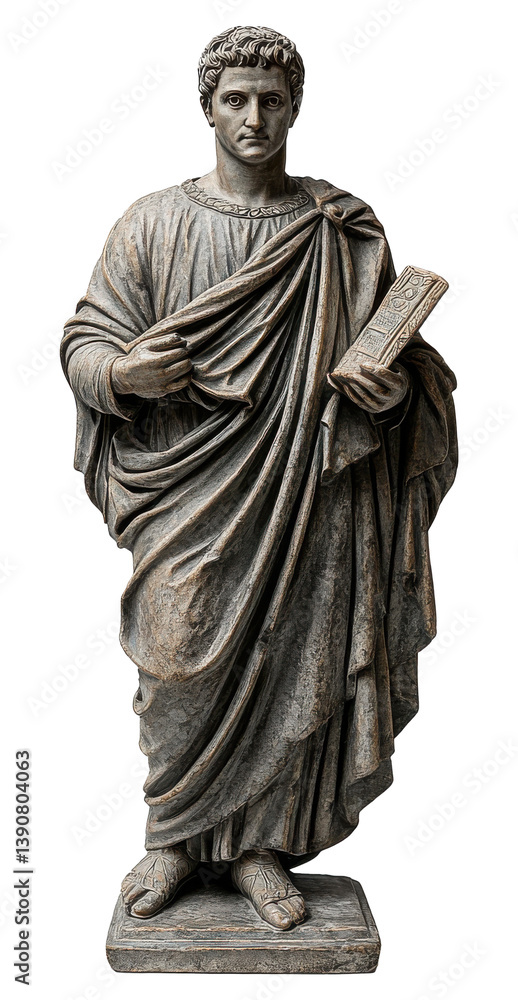 Fototapeta premium Roman sculpture of a figure in traditional attire holding a book on white background Generative AI