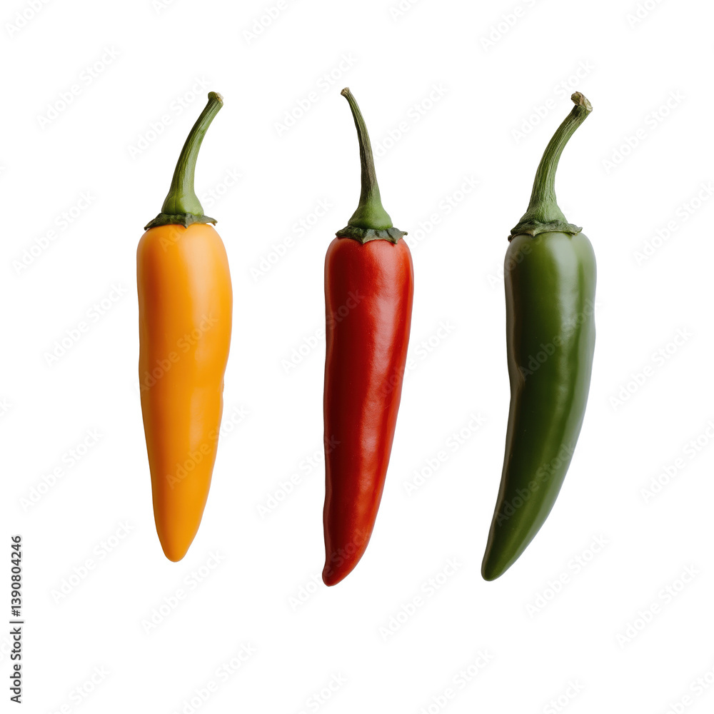 Three peppers on a white background, one is orange, one is red, one is green Three peppers on a white background, one is orange, one is red, one is green