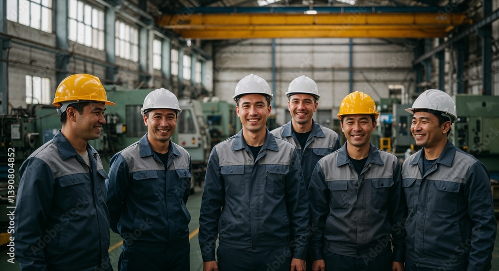 Group of workers celebrating teamwork in a factory setting Group of workers celebrating teamwork in a factory setting