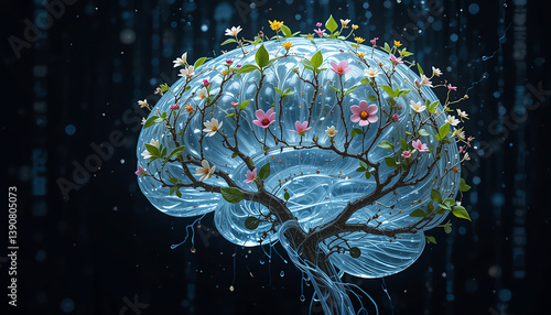 A human brain sculpture made of translucent resin, with flowering vines growing through its folds and digital data streams flowing like water through the stems, macro photography style