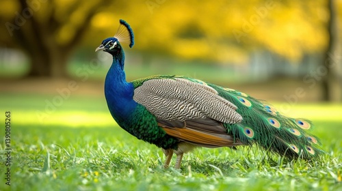 Female peacock standing on green grass in a park