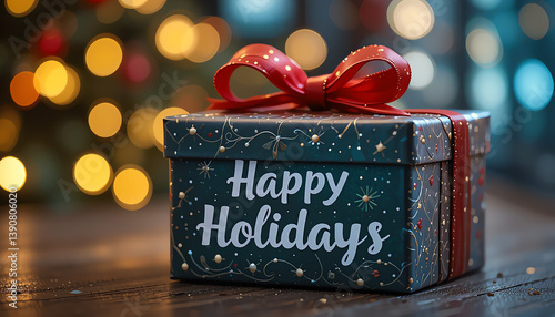 Happy Holidays' message on a gift box with a bow, festive and heartwarming, perfect for holiday promotions