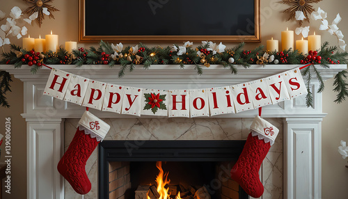 Happy Holidays' banner on a fireplace mantel, stockings and candles, cozy and inviting, perfect for home themes