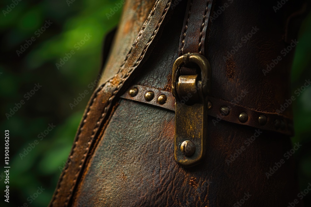 Close-up of rustic brown leather with brass buckle and rivets, showing texture and craftsmanship. Close-up of rustic brown leather with brass buckle and rivets, showing texture and craftsmanship.