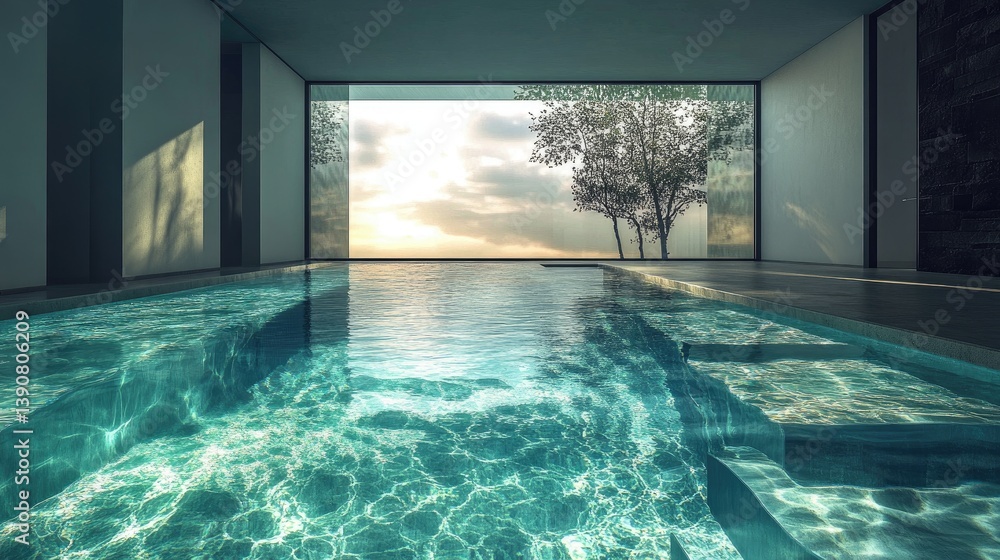 Obraz premium Serene Indoor Pool Scene with Large Windows and Calm Water Reflection at Sunset