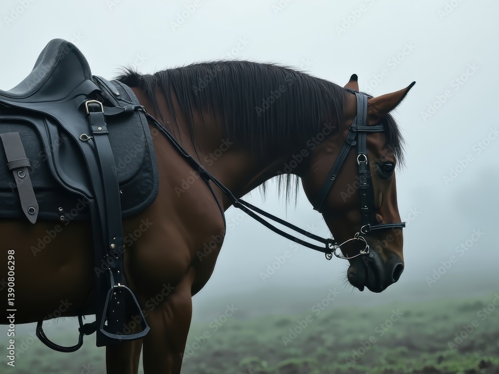A horse stands with its head bowed near an empty saddle in a misty landscape. The image reflects deep emotions associated with loss and remembrance.