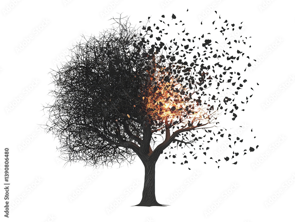 Fototapeta premium An artistic representation of a tree transitioning from full foliage to a fiery explosion, symbolizing change and transformation.
