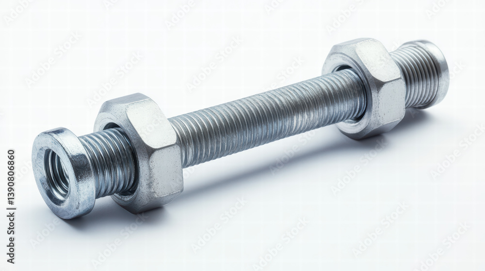 Precision Fastening: A close-up, photorealistic depiction of a metal bolt with meticulously threaded details and securely fastened nuts, against a subtly bright background. Precision Fastening: A close-up, photorealistic depiction of a metal bolt with meticulously threaded details and securely fastened nuts, against a subtly bright background.