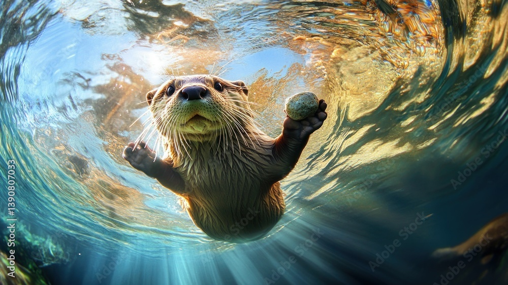 Fototapeta premium Underwater otter playful stone river sun nature wildlife