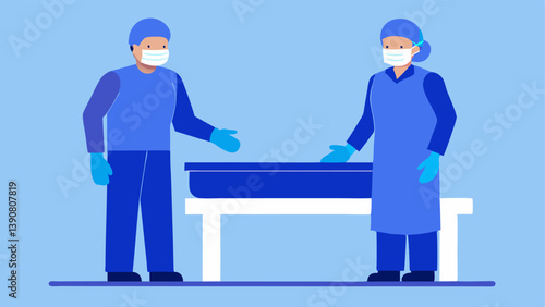 Pathologists in Scrubs Two forensic pathologists wearing blue scrubs and gloves standing next to the autopsy table discussing the procedure.