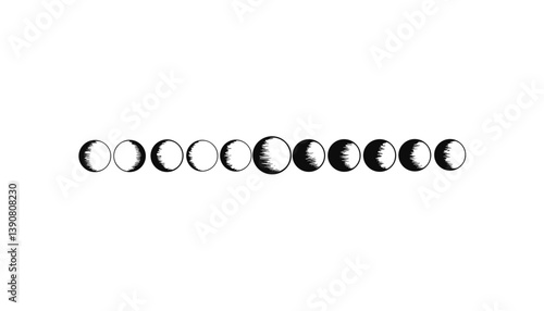 Lunar phases progression in black and white illustration, Esoteric and astrology    