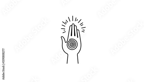 Hand with Energy Symbol Radiating Light on White Background, Esoteric and astrology   