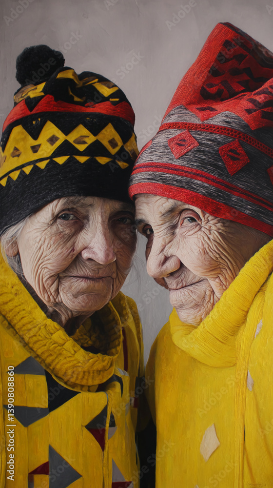 Obraz premium Close-up portrait of two elderly women, wearing patterned hats and yellow sweaters, their faces showing age and wrinkles, showcasing intimacy and companionship