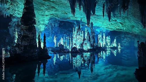 Stalactites glow reflecting water in illuminated cave scenery depths