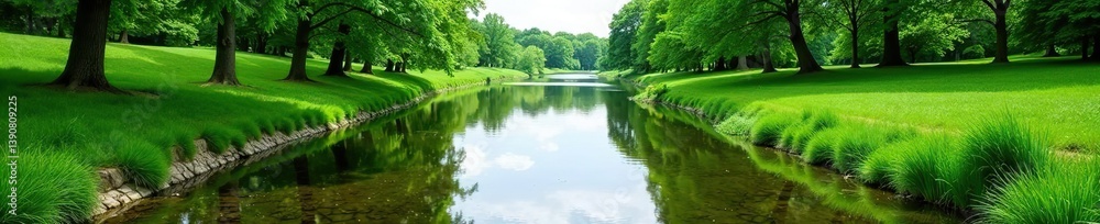 Fototapeta premium Tranquil river flowing through lush green landscape in Iowa, countryside, peaceful